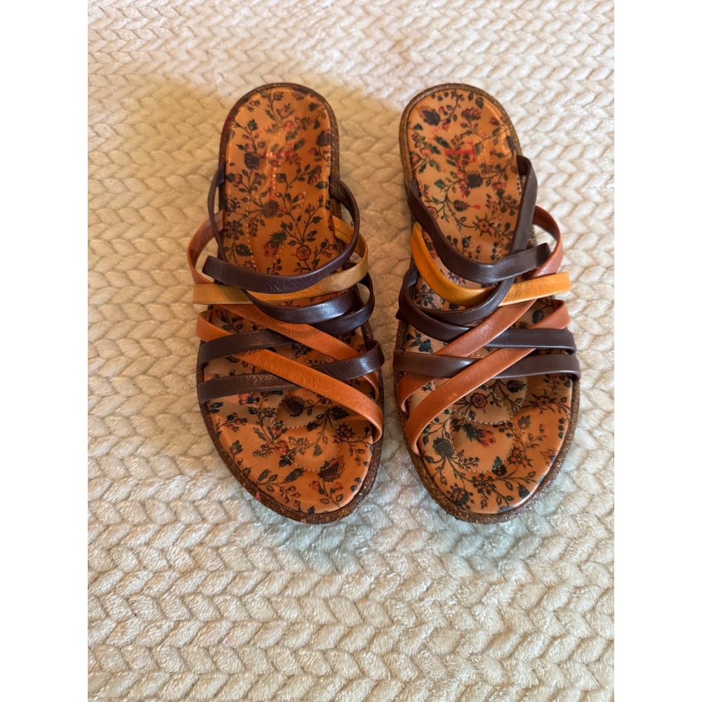 Think! Womens Strappy Leather Wedge Sandals Brown Floral Insole 39 US 8-8.5